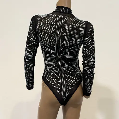new small sheer mesh all over rhinestone mock neck bodysuit TLS2 2257 Black