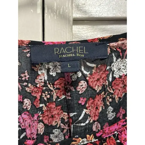 Rachel Roy Black/Red Floral Long Balloon Sleeve Keyhole Ruffle Blouse Size L Black Size L