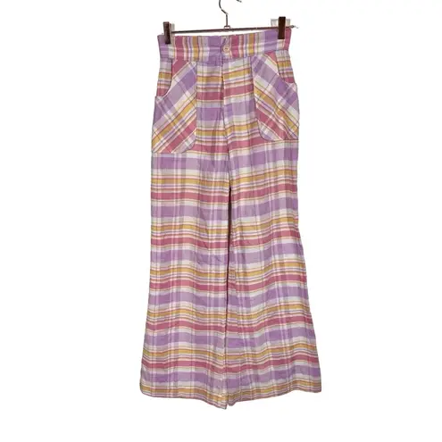 True Vintage 60s 70s Seersucker Plaid High Waisted Wide Leg Bellbottom Pants Pink Size XS