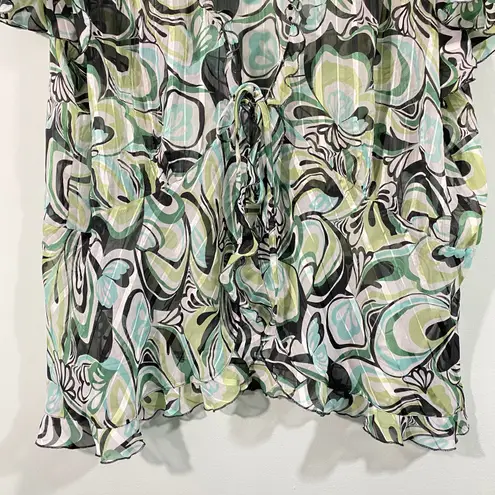 Elementz Vtg Y2K Women's Green & Grey Graphics Ruffles Tie Front Blouse Size 2X