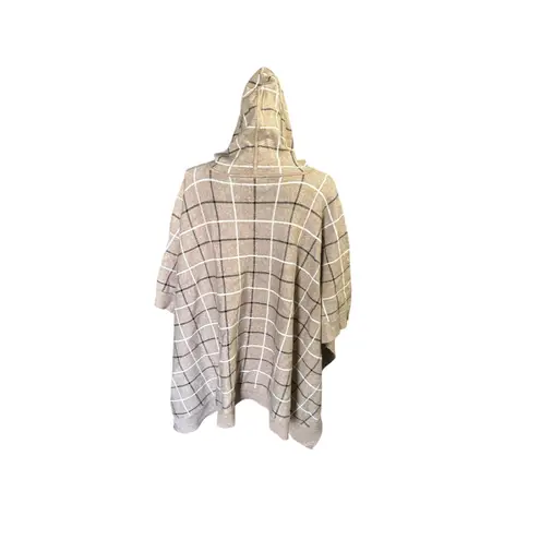 Tahari Tan Hooded Poncho – Black & White Plaid, Front Pockets – One Size