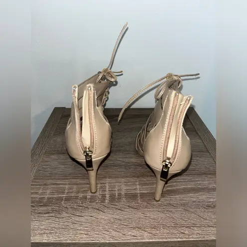 X-Appeal Chic Feminine Beige Tan Peep Toe Cut Out Lace Up 4-Inch Heel Shoes Sz 8