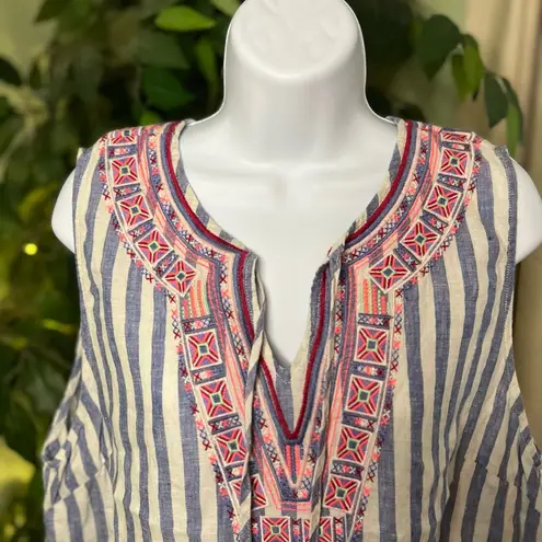 Artisan NY  100% Linen Striped and Floral Embroidered Sleeveless Top Size Large