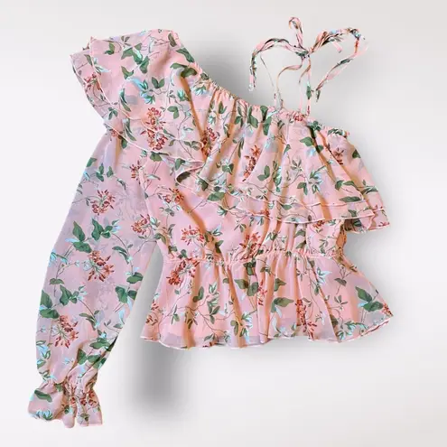 Endless Rose Coral Pink Ruffled One Shoulder Floral Top Size M