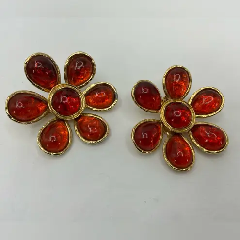 Les Bernard Gripoix Style Glass Cabochon Flower Statement Clip Earrings 1980’s Orange