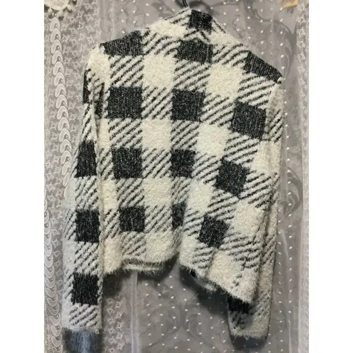 August Silk Women's Black and White Fuzzy Plaid Open Front Cardigan size L