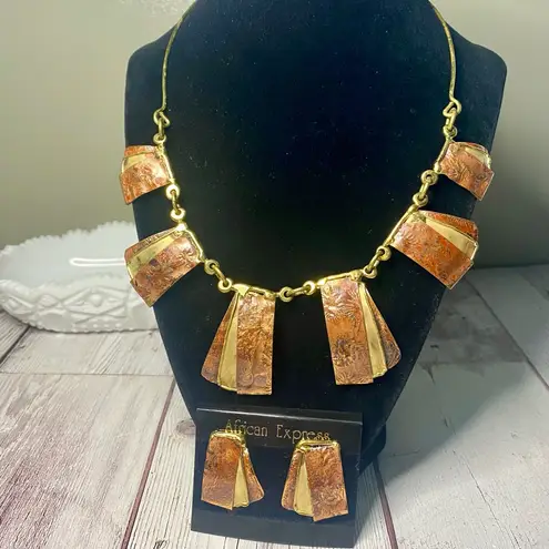 Brutalist Copper & Brass Collar Necklace + Earrings Set – African Express Tan