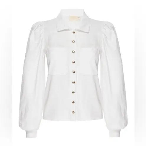 Nation Ltd Desta Top Optic White XS Long Sleeve Puff Shoulder Gold Snap Front