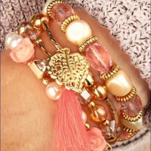 Pretty in Pink Beaded Bracelet Stack Set w/ Charms NWT