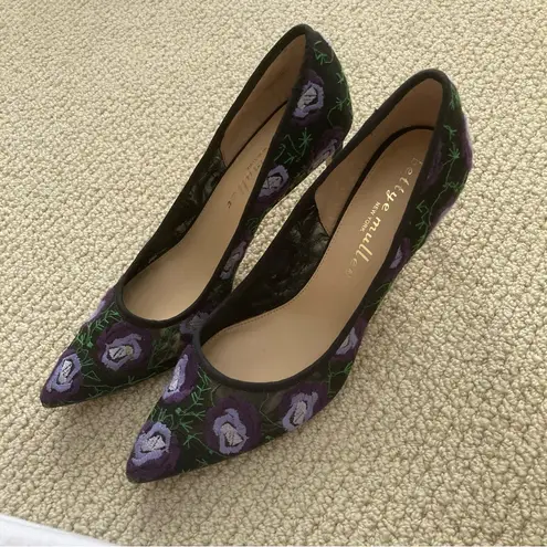 Bettye Muller Purple Embroidered Flowers Women's High Heels Size 7.5 Shoes EUC
