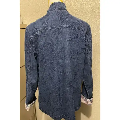 Alfred Dunner Womens Denim Jacket Floral‎ Foilage Blue Embroidered Top Stitch 10