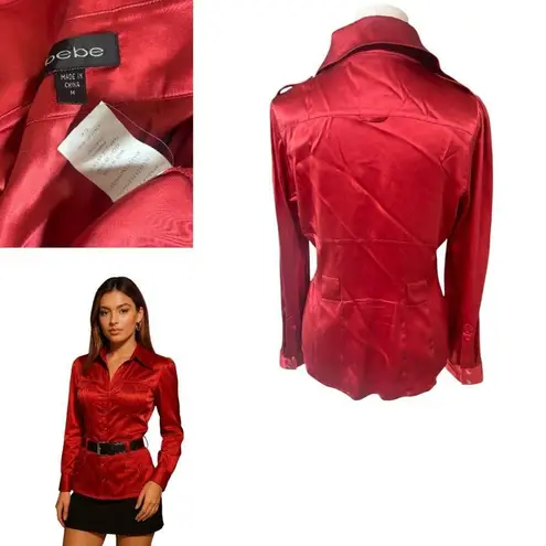 Bebe Y2K  Bundle Red Silk Blouse + Sheer Mesh Floral‎ Lace Shirt long sleeve MED - Image 4