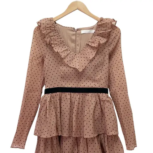 Rachel Parcell NWT Ruffle Tiered Midi Dress Brown Black Polka Dot Chiffon Size 4