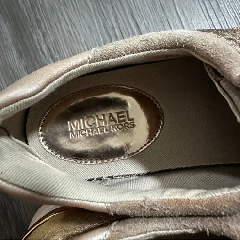 Michael Kors MK Allie Trainer Leather Pink Gold Sneaker Shoes Size 8