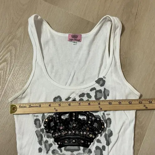 Y2K Yvette Mandell White Ribbed Tank Top Crown Rhinestone Leopard Print Size L Size L