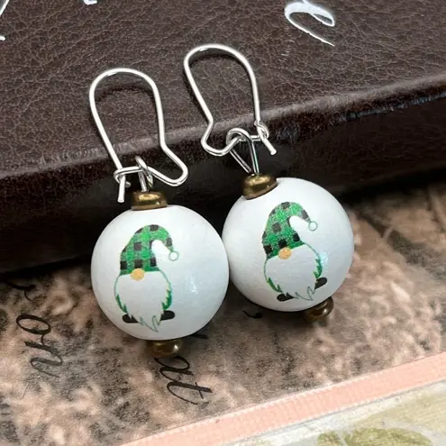 Handmade Holiday Gnome Earrings – Green Plaid Christmas Dangle – Stainless Steel Hooks