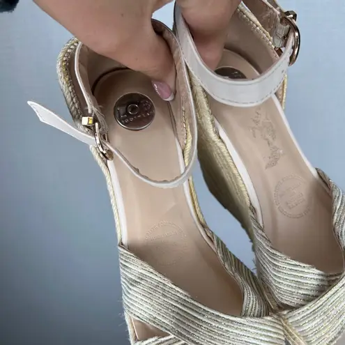 LOB Footwear Womens Espadrille Platform Wedge Sandals Cross Strap Gold Strappy Size 6.5