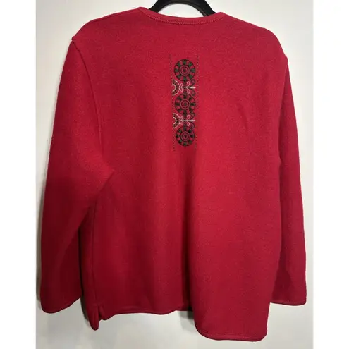 Vintage Stapf Pure New Wool Red Cardigan Sweater Pockets Embroidery Size EU 42 Size L