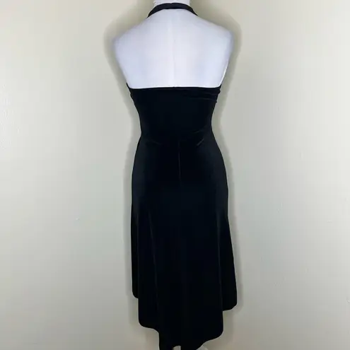 Taboo VTG Halter Dress MEDIUM Velvet Tulip Hem Rhinestone Velour Black Y2K Party