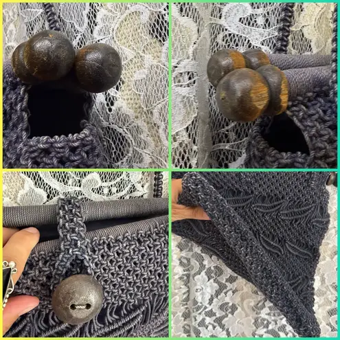 Dimensions vintage Black Crochet macrame Shoulder Bag wood euc 11”X11”