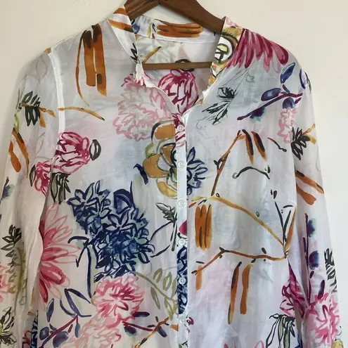 None Women’s White Floral Lightweight Silk & Cotton Button Down Shirt Size Large