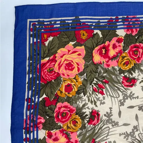 Perry Ellis Vintage Scarf Wool Floral Square Retro Roses FLAWS Pink Blue Border