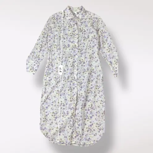 H&M  Floral Cotton Button-Up Midi Shirt Dress Size S Purple‎ Cream
