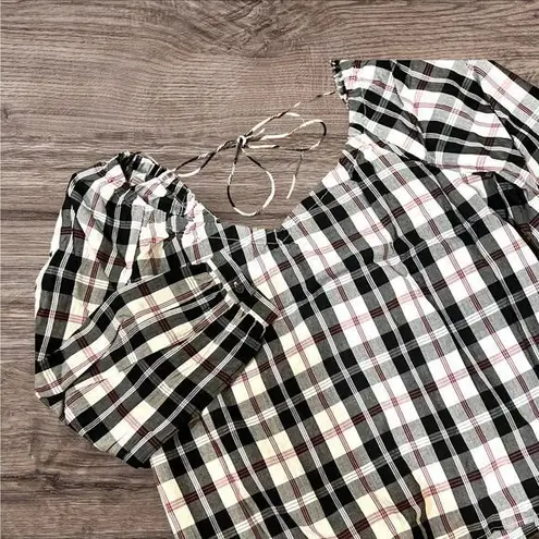 J. Crew Plaid Peasant Top Tie Back 3/4 Sleeve Blouse Black White S