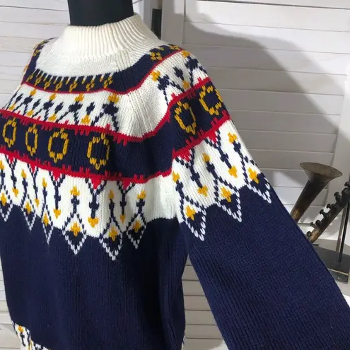 Vintage 90s JCPenney Sweater Fair Isle Ski Acrylic Mock Neck Navy Blue/White M Blue Size M