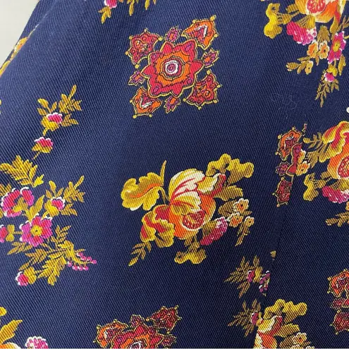 Vintage Floral Midi Dress Navy Blue Long Sleeve Belt Rayon Modest 80s Momcore Size 8