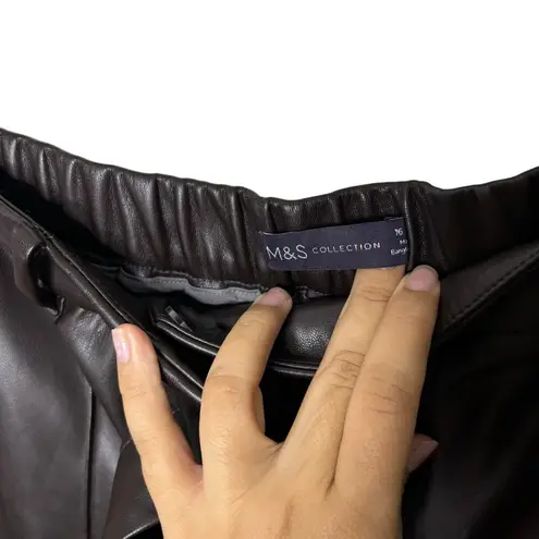 M&S Chocolate Brown Faux Leather Wide Leg Pants Women's Size 12 Regular