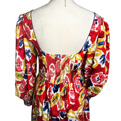 De Loreta Sweetheart Puff Sleeve Cotton Maxi Dress M | Vibrant Abstract Dopamine Red Size M