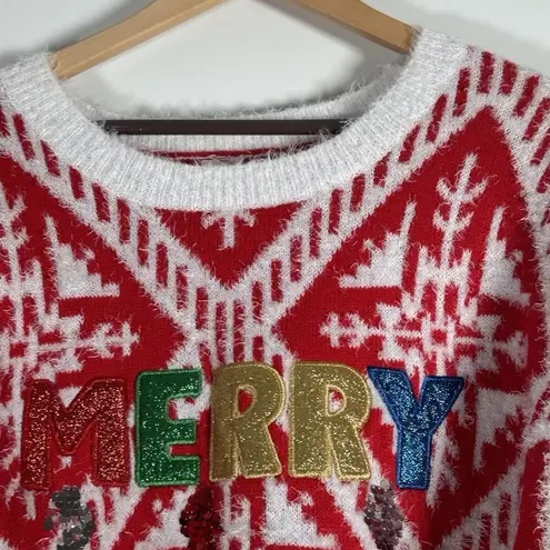 Holiday Time  Merry Christmas Sequin Logo Ugly Christmas Sweater XL Fuzzy Glitter