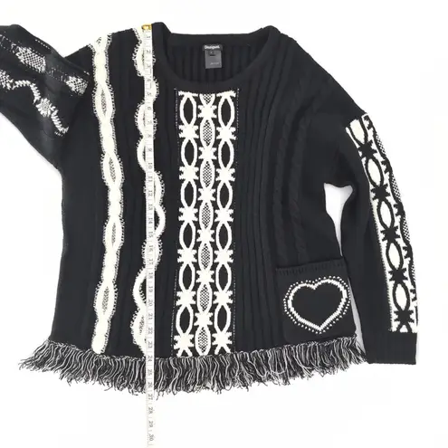 Desigual Jers Brixton Black & White Wool Blend Fringe Hem Sweater - Size M - GUC