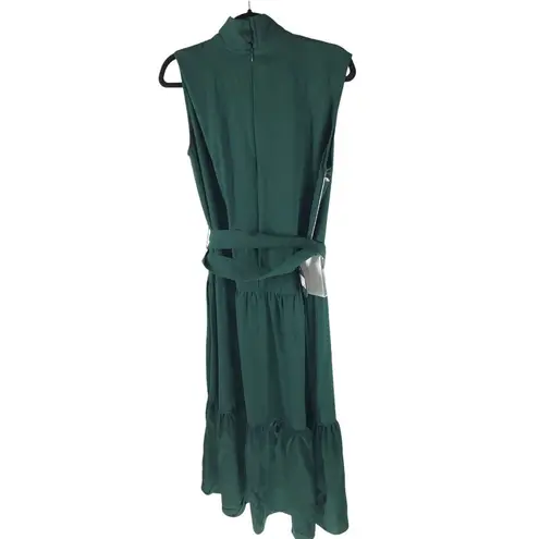Style Mafia Midi Dress Mock Neck Belted Tiered Sleeveless Emerald Green M Size M