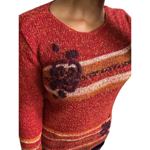 CRAZY HORSE Vintage Y2K Collection Rust Knit Sweater Floral Embroidered Small