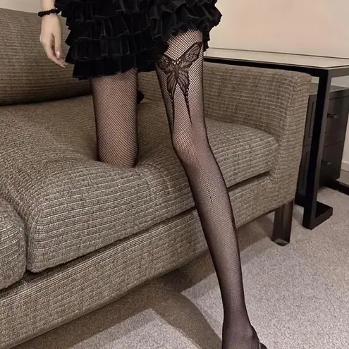 Women'S Butterfly Emo Fishnet Tights, Gothic Punk Style Lolita Witch Goddess Black