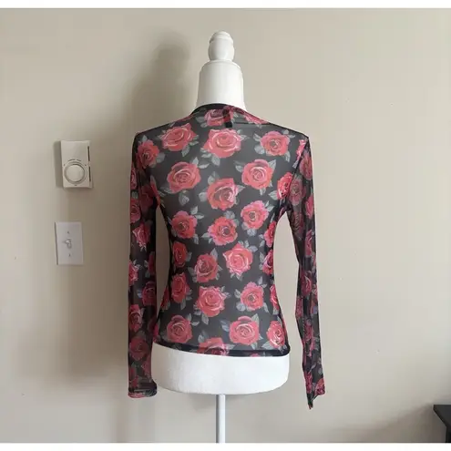 H M Divided Top Sheer Stretch Black Red Rose Punk Goth Y2K Small Whimsical