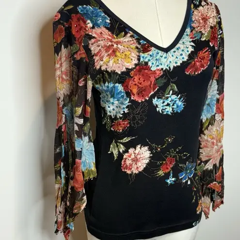 Forbidden Black Floral Mesh Sleeve Top Women Small Boho Y2K Cottagecore