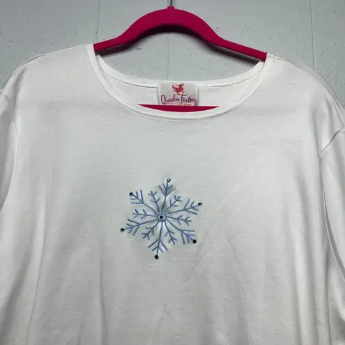 Quacker Factory Vtg Womens Long Sleeve White T-Shirt XL Cotton Holiday Snowflake