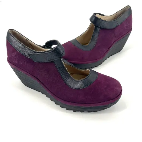 Fly London Leather Mary Jane Wedges Yert Potent Purple Comfort Shoe