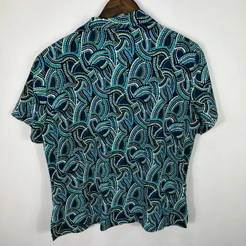 Notations Womens L Blue Green Abstract Print Button Shirt Career Workwear Resort
