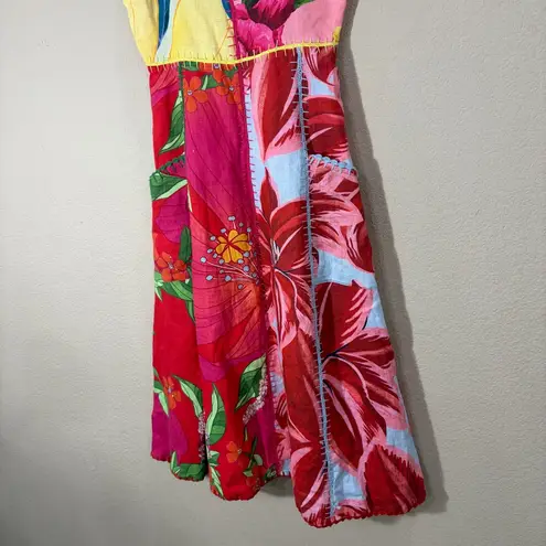 Farm Rio Mixed Garden Dress Floral Patch Linen Midi Sz XS Boho Beachy Wedding