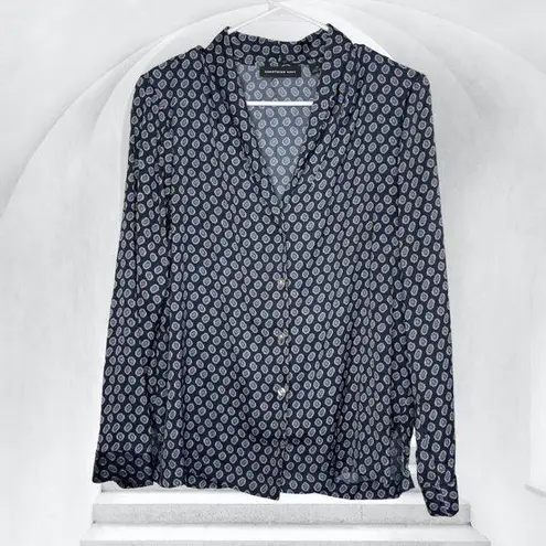 Something Navy Blue Silky Geometric Print Casual Button Up Shirt Top