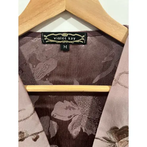 Y2K Kimono Cardigan Jacket Taupe Gray Lace Asian Rayon Toggle Purple Size M