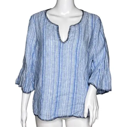 Artisan NY Shirt Womens Large Blue White Stripe Linen Bell Sleeve Boho Peasant