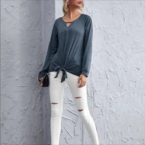 Source Unknown Keyhole Blue Hue Self Tie Front Long Sleeve Shirt