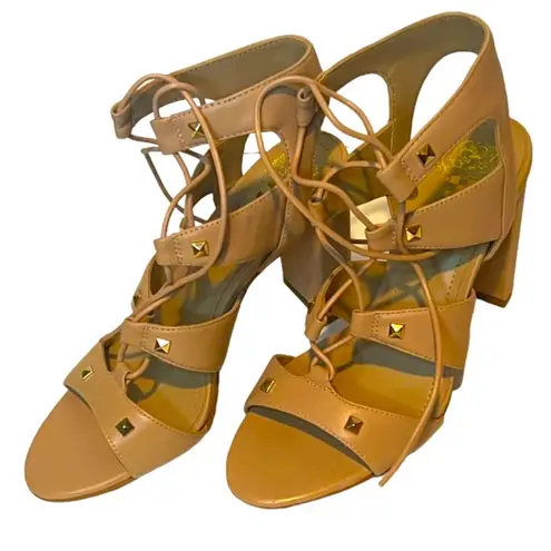 Vince Camuto  Women's Meadow Lace Up Sandal Block Heel Studded Beige