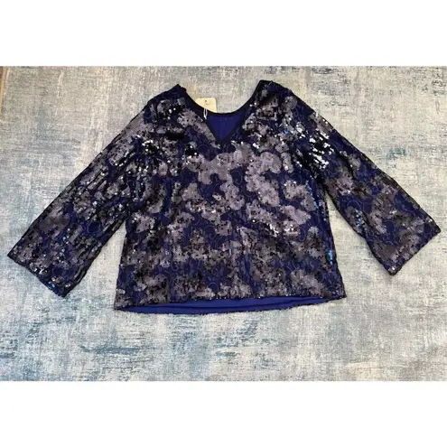NWT! La Bellum Hillary Scott Indigo Sequin Lace Tie Neck Blouse 2x Purple