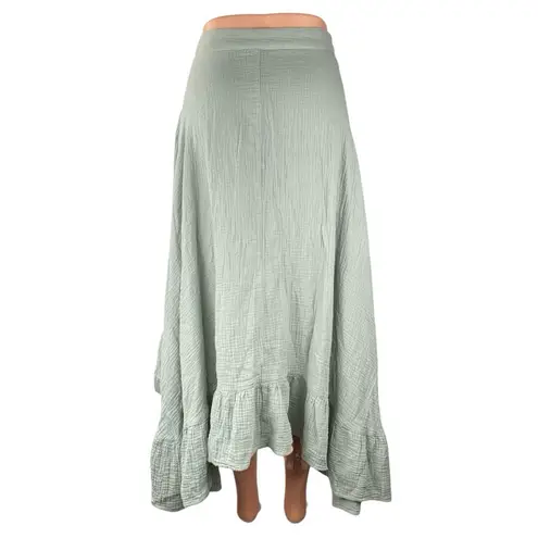 Monn Women's Green High Waisted Ruffle Button Front High Low Midi Skirt Size XS